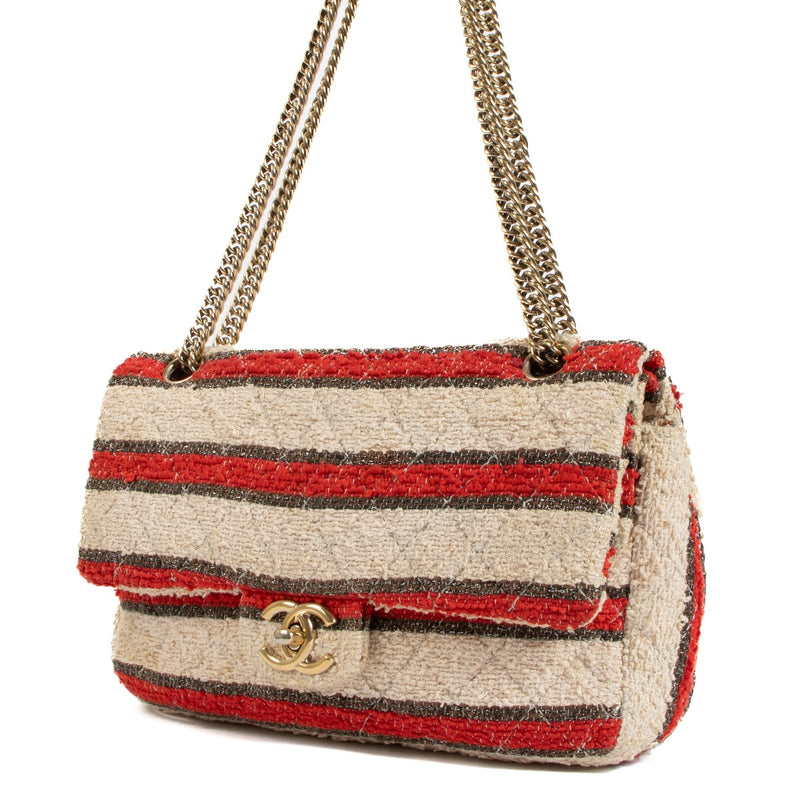 Chanel, striped, Beige, Tweed, Glitter, Gold, Red, Classic flap bag, Preloved, Antwerp, Labellov