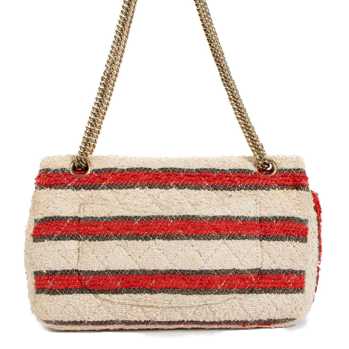 Chanel, striped, Beige, Tweed, Glitter, Gold, Red, Classic flap bag, Preloved, Antwerp, Labellov