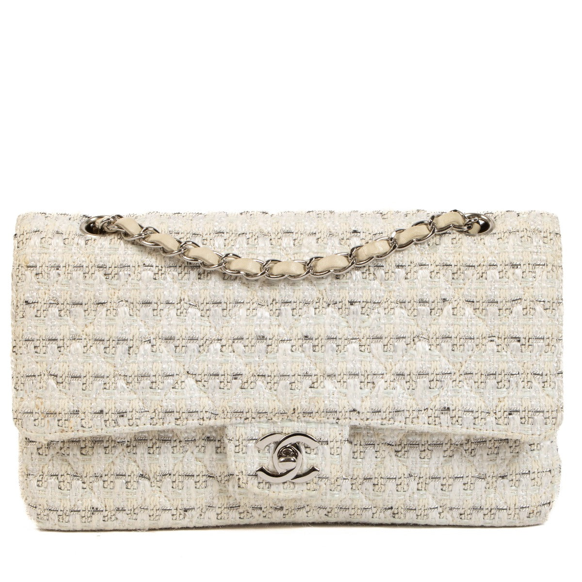 Chanel Cream Quilted Tweed Classic Flap Bag