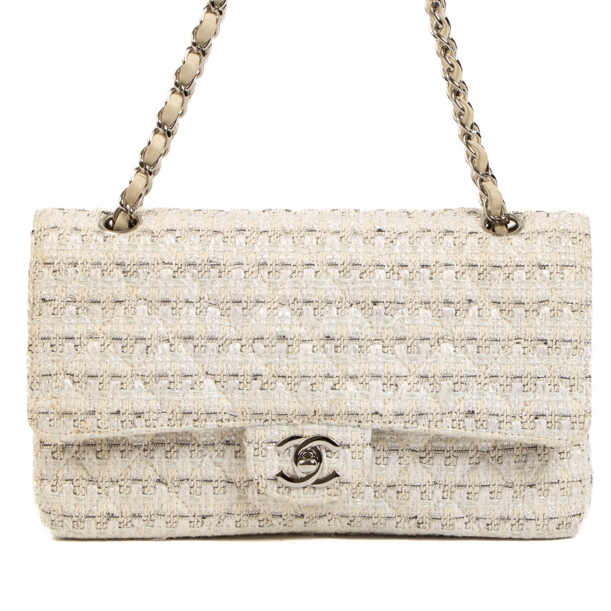 Chanel Cream Quilted Tweed Classic Flap Bag