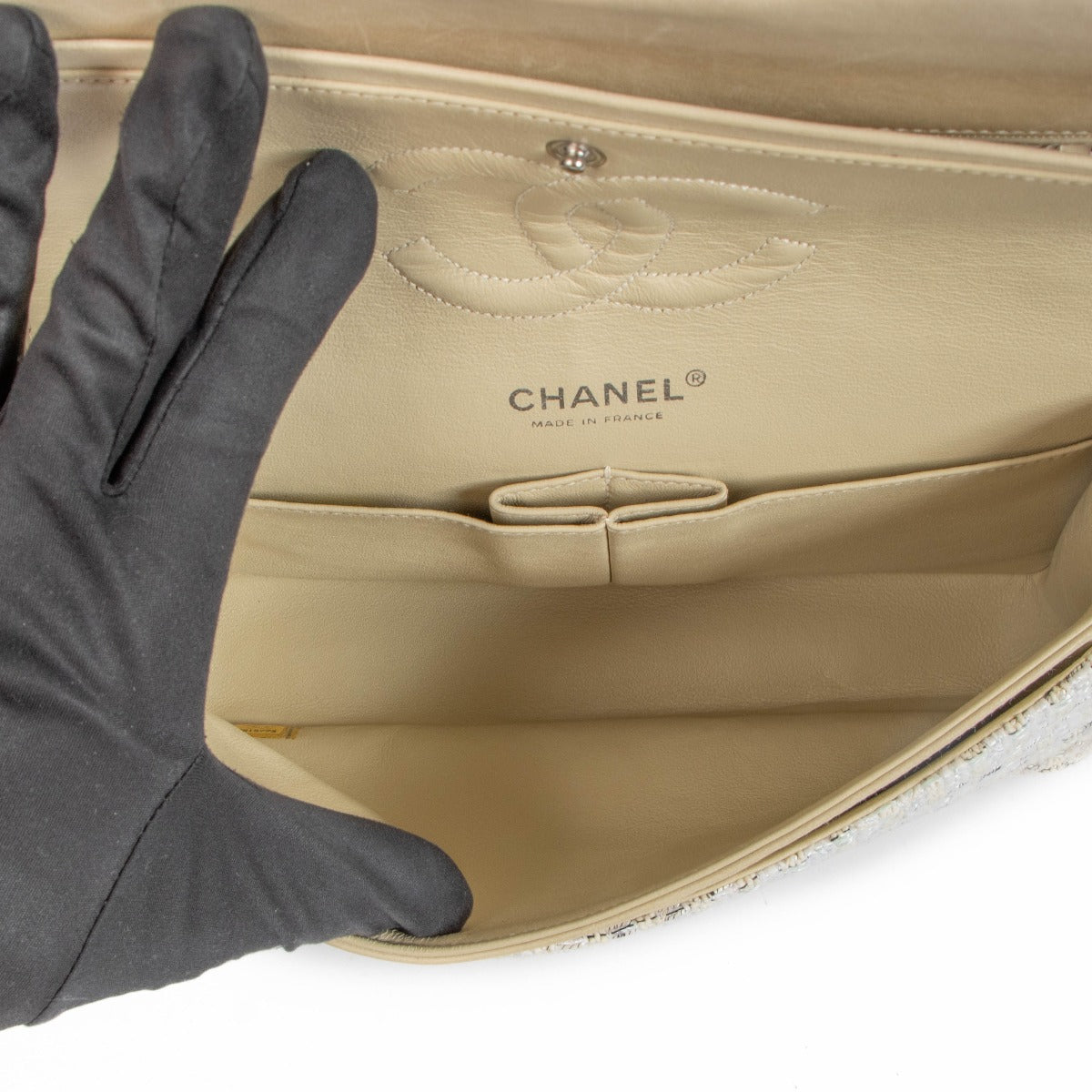 Chanel Cream Quilted Tweed Classic Flap Bag