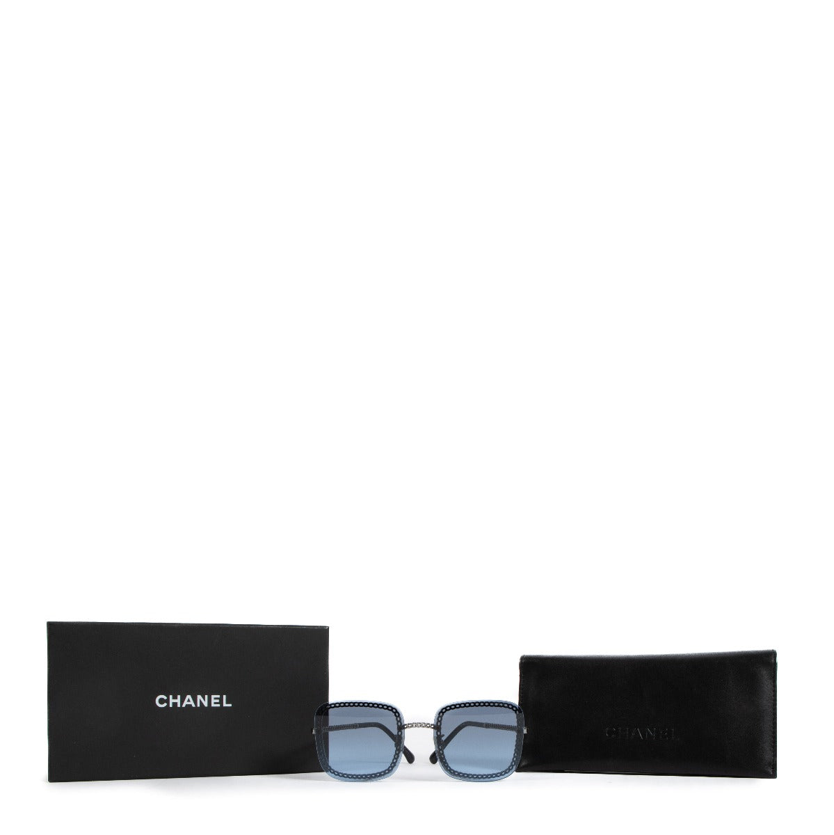 Chanel 4244 Blauwe Vierkante Zonnebril met Ketting
