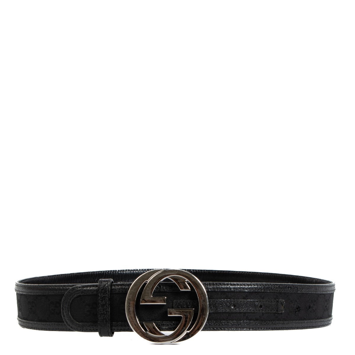 Gucci Black GG Canvas Leather Trim Belt