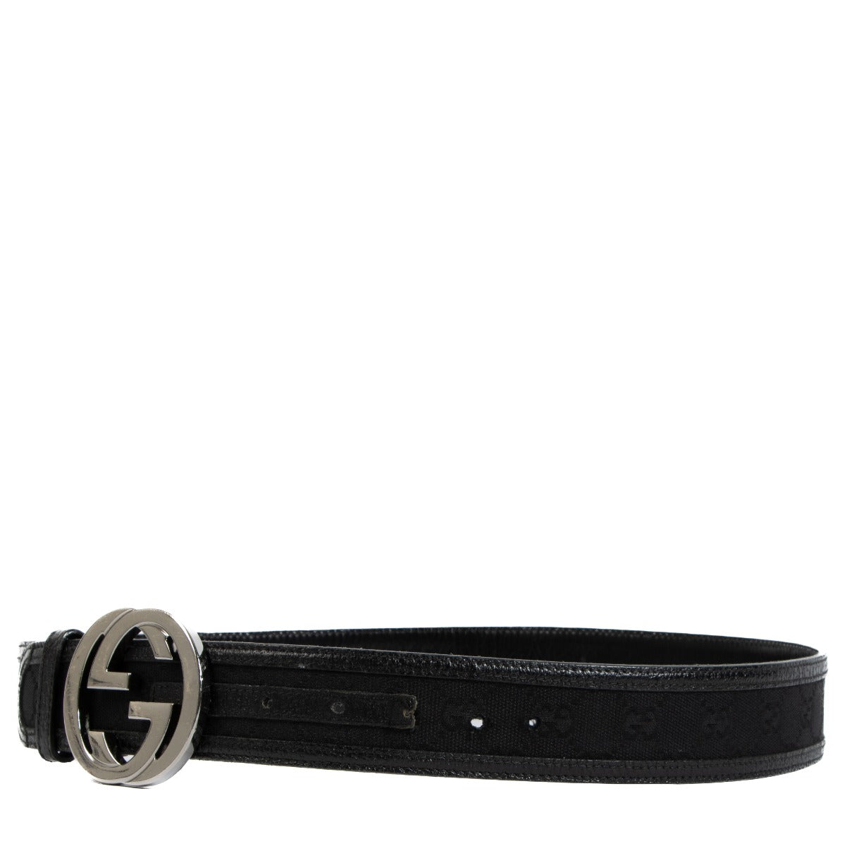 Gucci Black GG Canvas Leather Trim Belt - Size 90