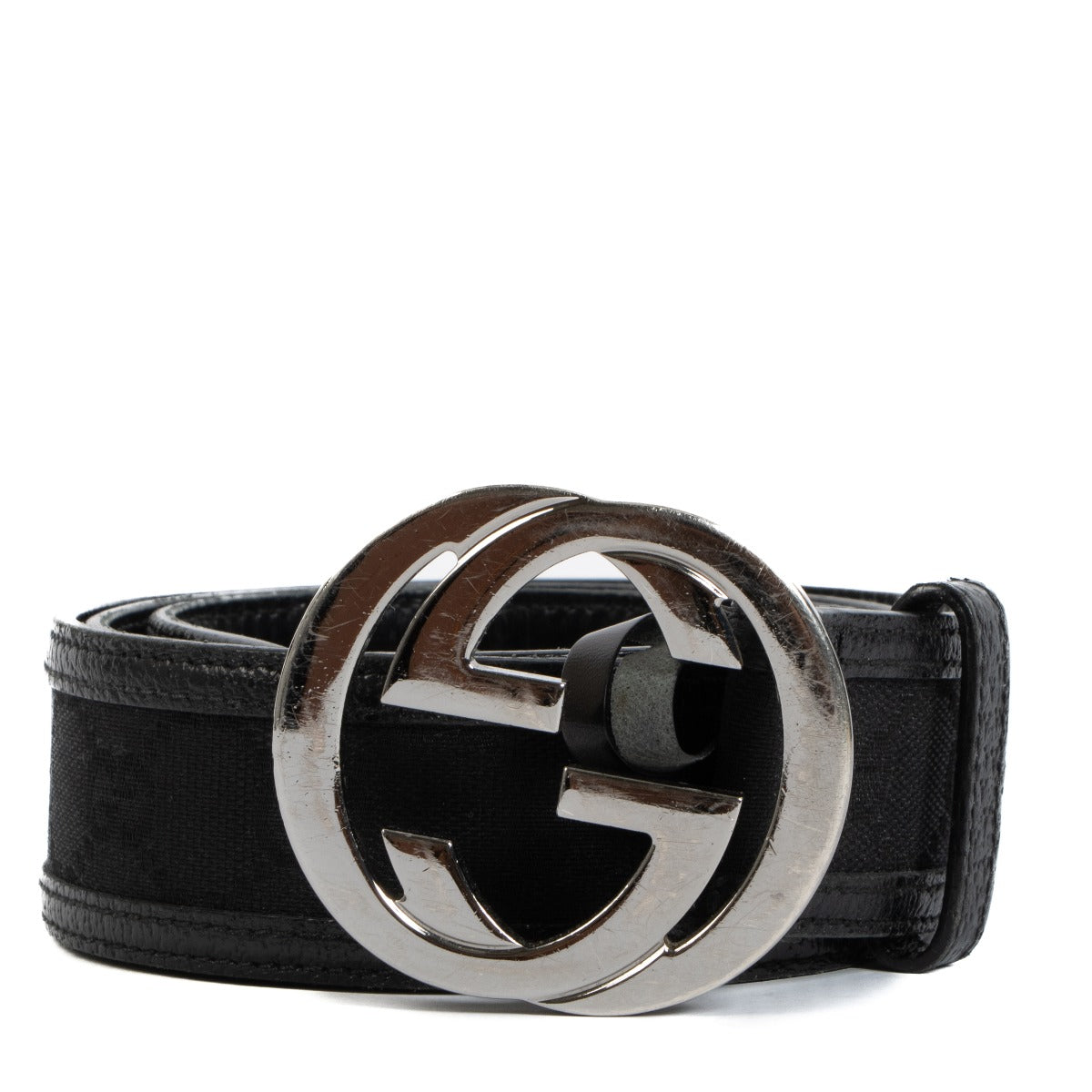 Gucci Black GG Canvas Leather Trim Belt