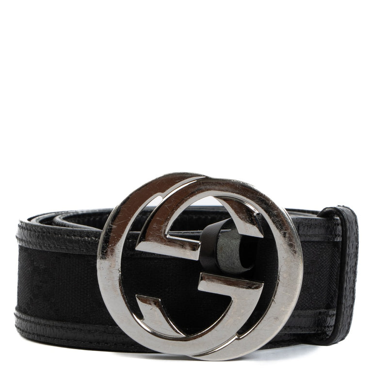 Gucci Black GG Canvas Leather Trim Belt