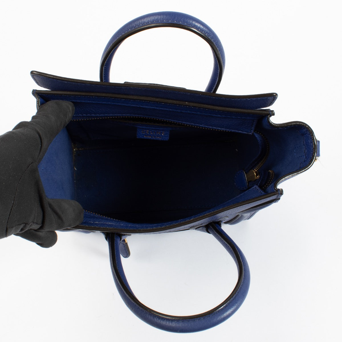 Shop safe online at Labellov in Antwerp, Brussels and Knokke this 100% authentic second hand Celine blue Luggage Nano Top handle