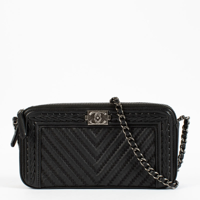 Chanel Black Braided Chevron Boy Chanel Clutch With Chain
