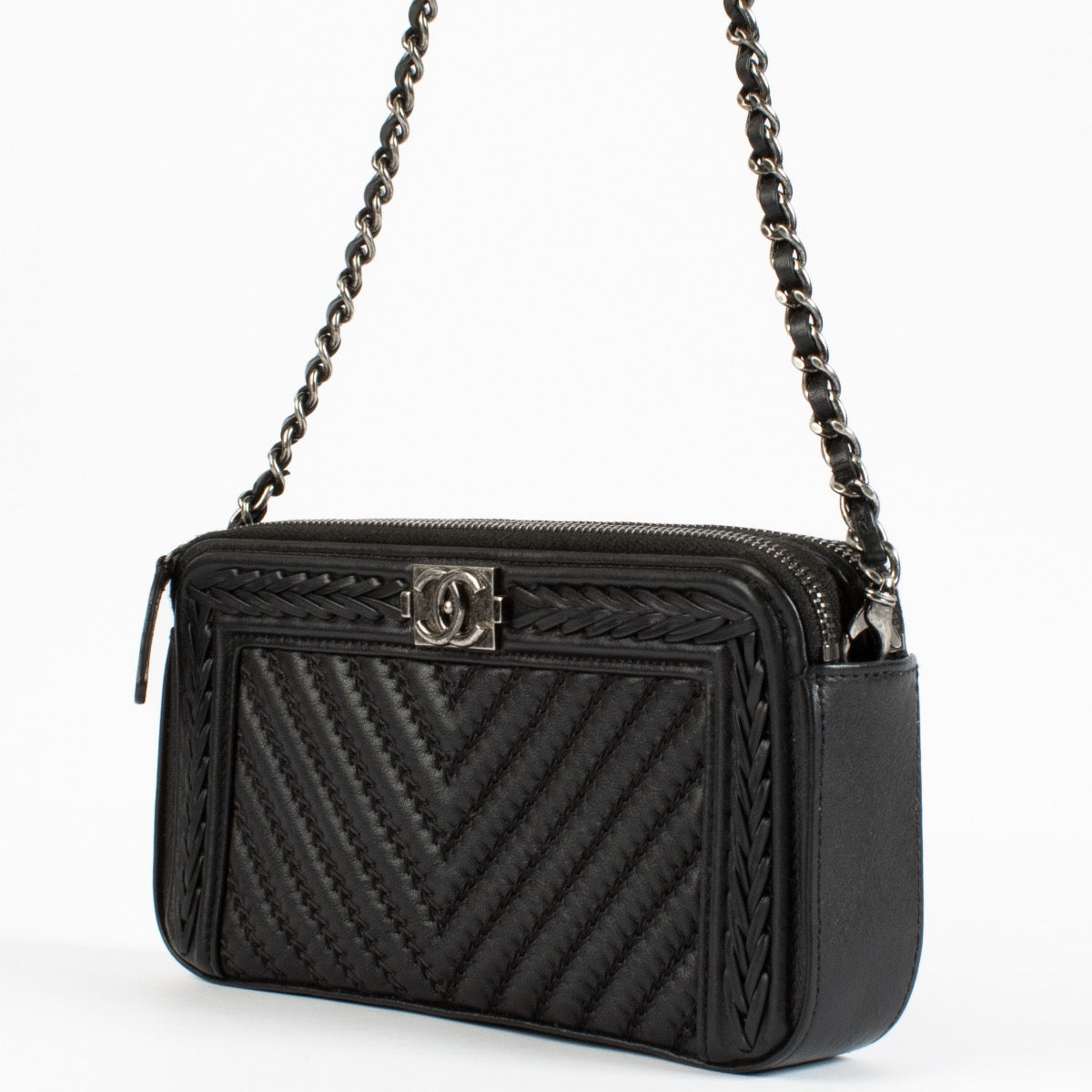 Chanel Black Braided Chevron Boy Chanel Clutch With Chain