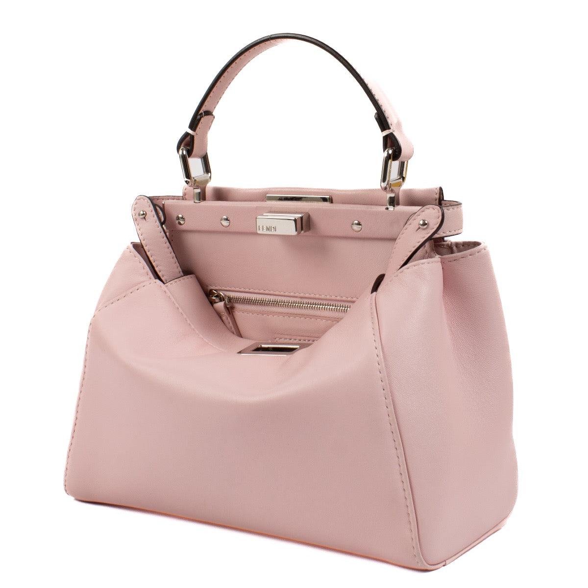 Fendi Pink Nappa Mini Peekaboo Bag in the color rose sakura available exclusively at Labellov secondhand luxury. We buy and sell your preloved and brand new designer bags such as this stunning pastel pink Fendi Pink Nappa Mini Peekaboo Bag.