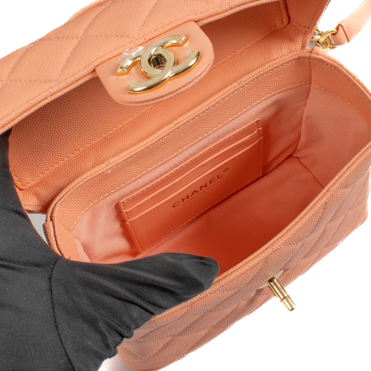 Chanel 23C Peach Caviar Leather Small Vanity Case Bag