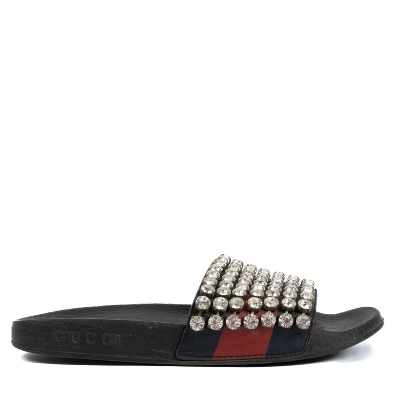 shop 100% authentic second hand Gucci Crystal Embellished Web Slide Sandals - Size 36 on Labellov.com