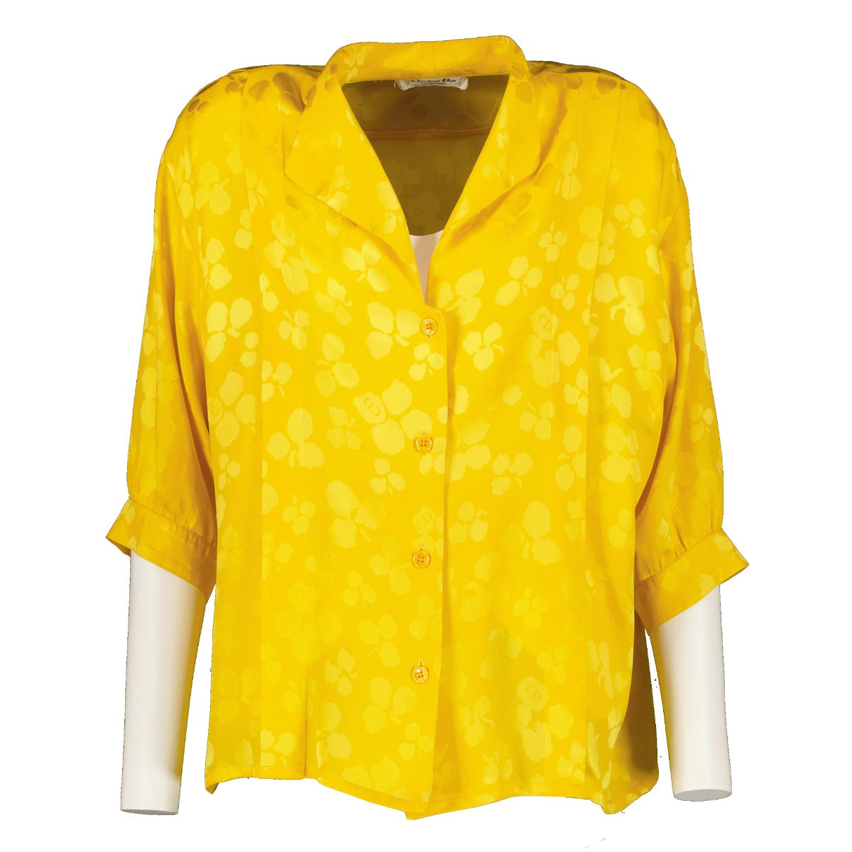 Christian Dior Vintage Yellow Flower Jacquard Silk Satin Shirt