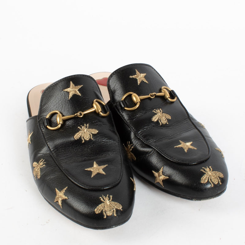 Authentic Second Hand Gucci Black Bee Star Embroidered Princetown Slippers Size 38.5 on Labellov.com