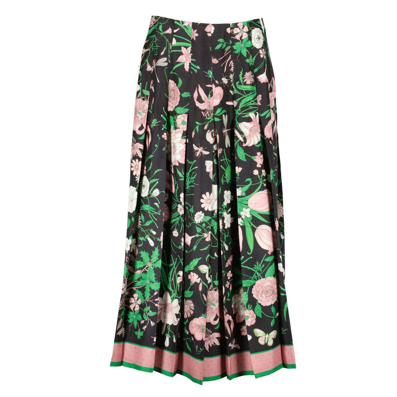 Gucci Flora Print Silk Twill Pleated Skirt