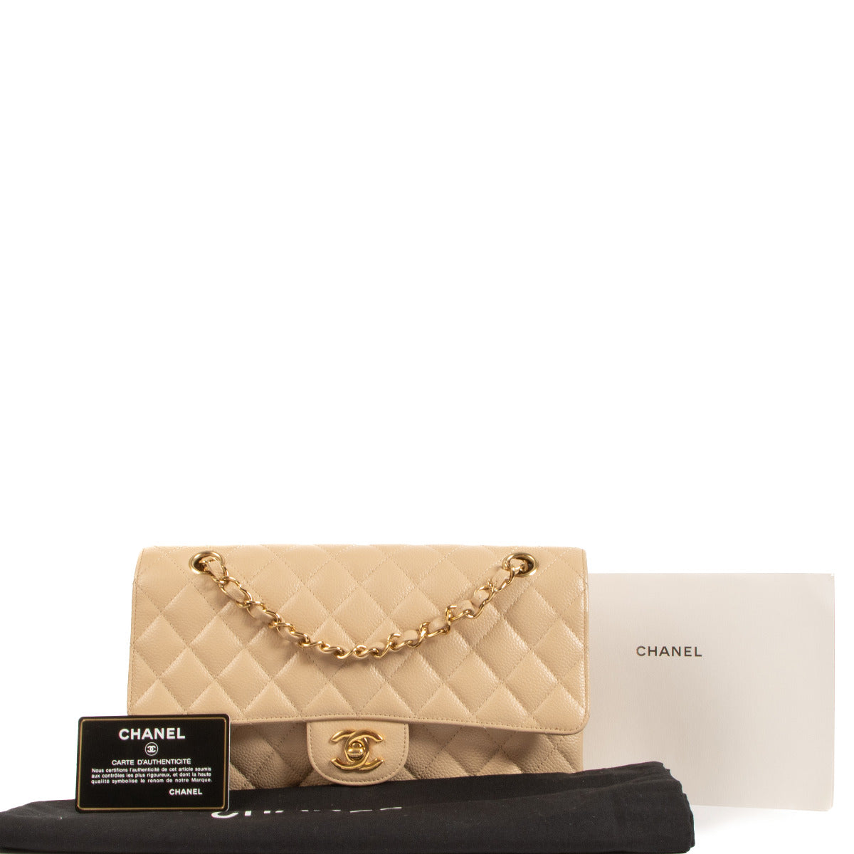 Chanel Beige Caviar Leather Medium Classic Flap Bag for the best price at labellov secondhand luxury in Antwerp