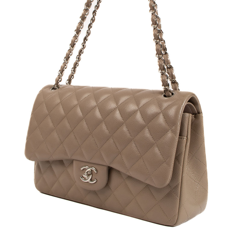 Chanel Gris Tourterelle Caviar Leather Jumbo Classic Flap Bag PHW for the best price at Labellov secondhand luxury