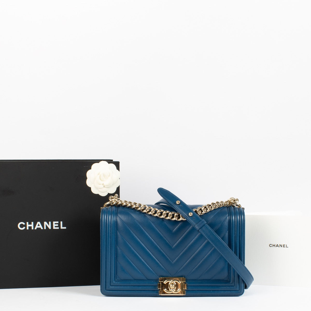 Shop 100% authentic second hand Chanel Blue Chevron Boy Bag on Labellov.com