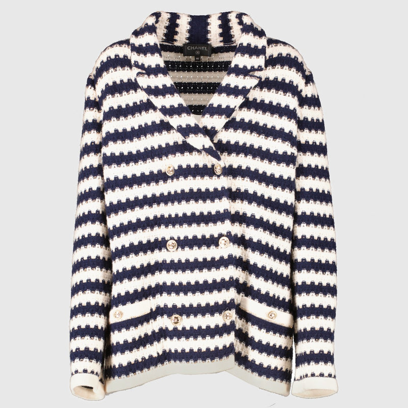 Chanel 21C Blauw Gestreept Gebreid Jasje - Maat FR46