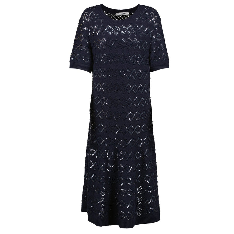 Dior Navy Wool Sequin Embellished Dress
