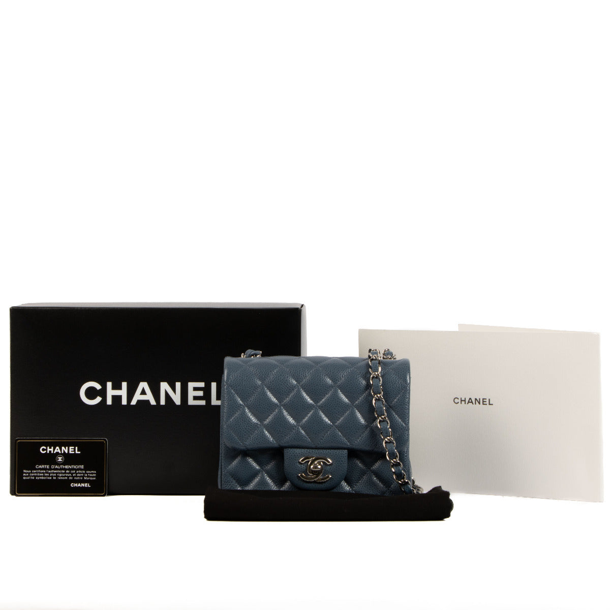 Chanel Blue Caviar Mini Square Classic Flap Bag PHW full set for the best price at Labellov.
