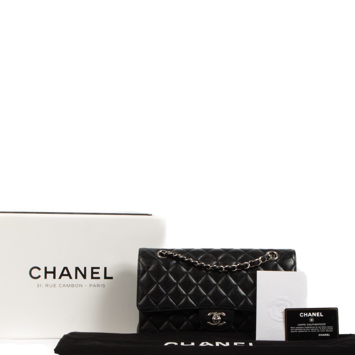 Shop safe online at Labellov in Antwerp, Brussels and Knokke this 100% authentic second hand Chanel Black Medium Caviar Leather Classic Flap Bag