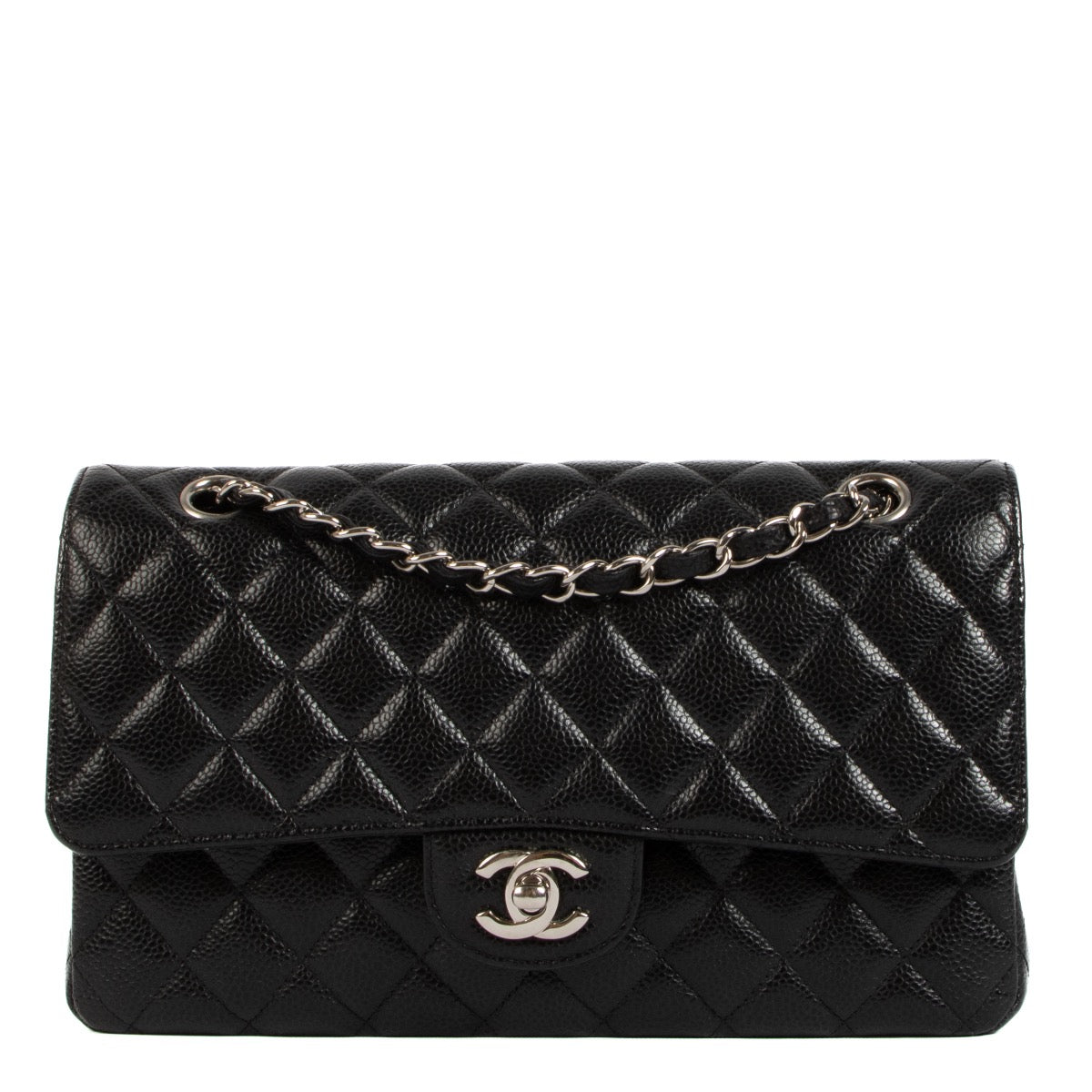 Shop safe online at Labellov in Antwerp, Brussels and Knokke this 100% authentic second hand Chanel Black Medium Caviar Leather Classic Flap Bag
