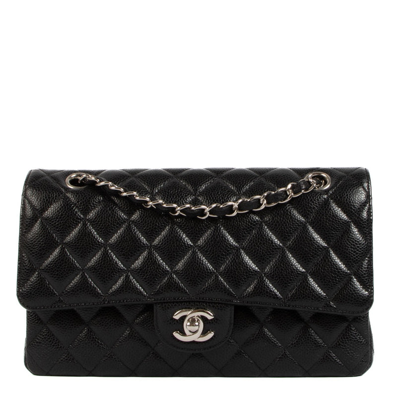 Shop safe online at Labellov in Antwerp, Brussels and Knokke this 100% authentic second hand Chanel Black Medium Caviar Leather Classic Flap Bag
