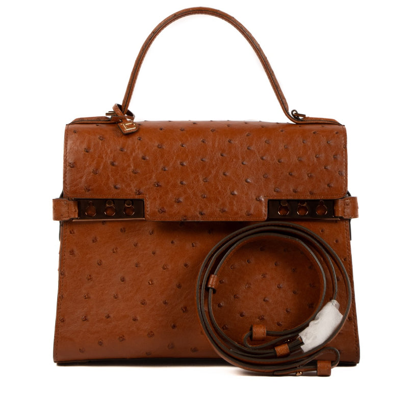 Shop safe online at Labellov in Antwerp, Brussels and Knokke this 100% authentic second hand Delvaux Brown Ostrich MM Tempête