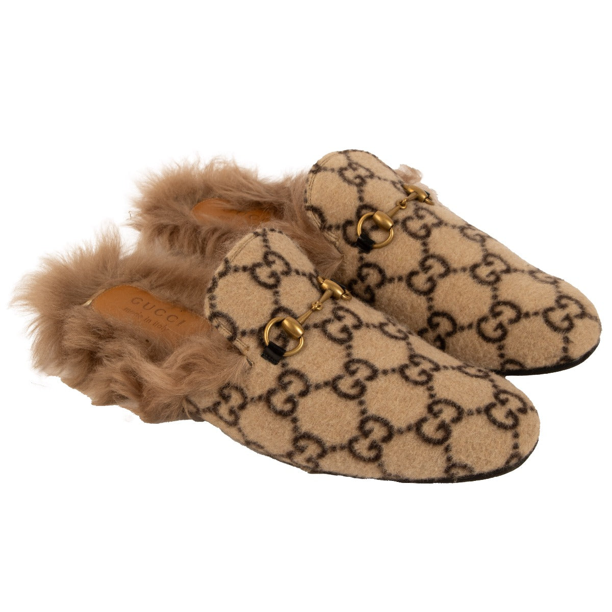 Gucci Beige GG Princetown Wool Fur Flats