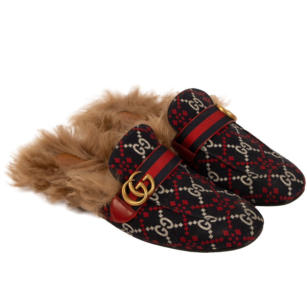 Gucci Navy and Red GG Diamond New Princetown Fur Slippers