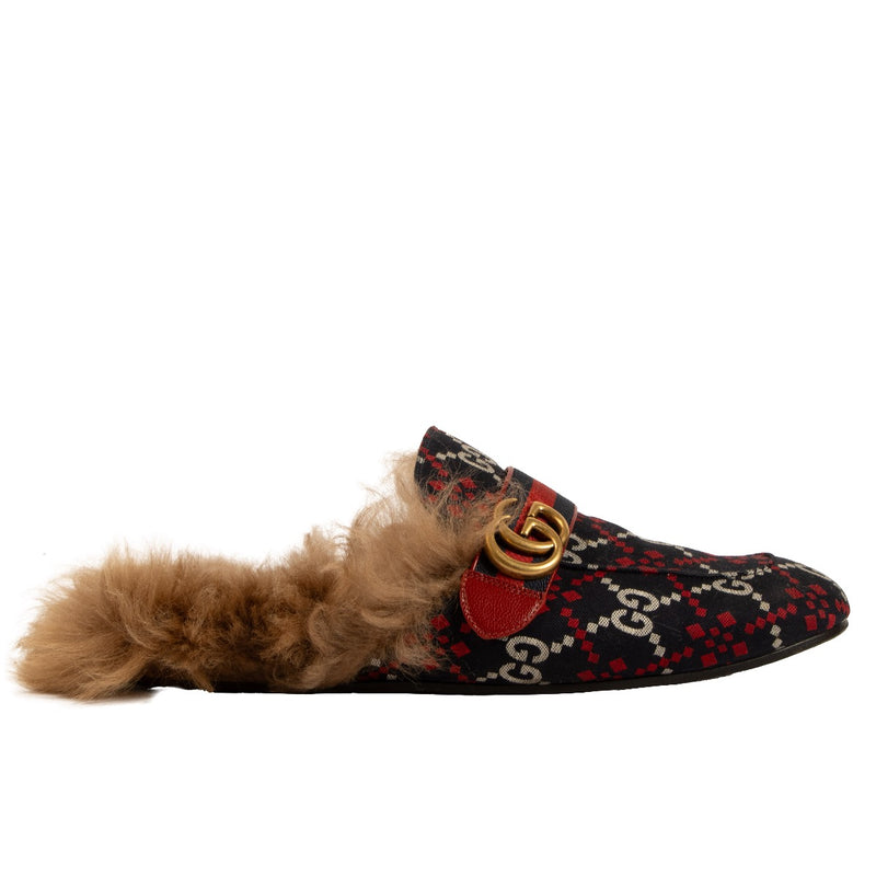 Gucci Navy and Red GG Diamond New Princetown Fur Slippers