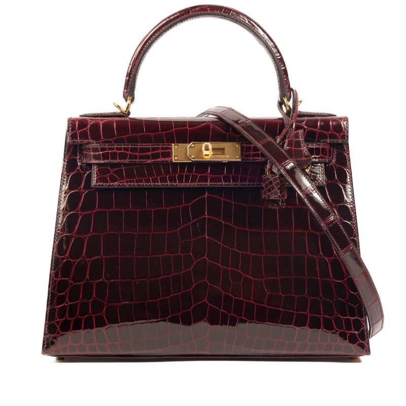 Bag yourself this unique and highly sought after Hermès Kelly II 28 Sellier Bordeaux Crocodile Niloticus Lisse GHW for the best price at Labellov.