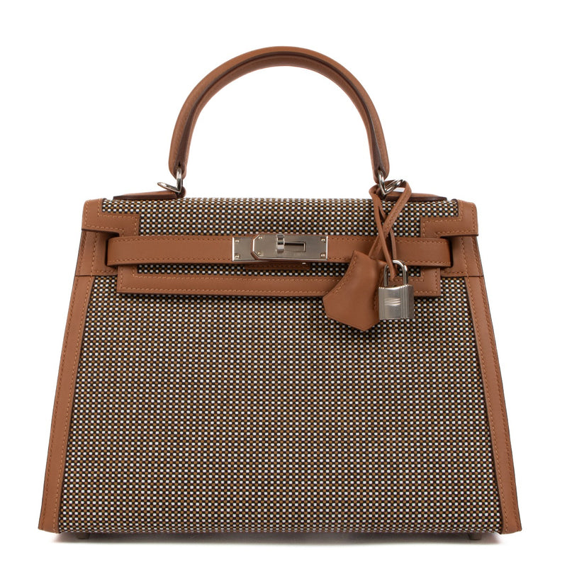 Hermès 2023 Kelly Sellier 28 Toile Quadrille/Veau Swift