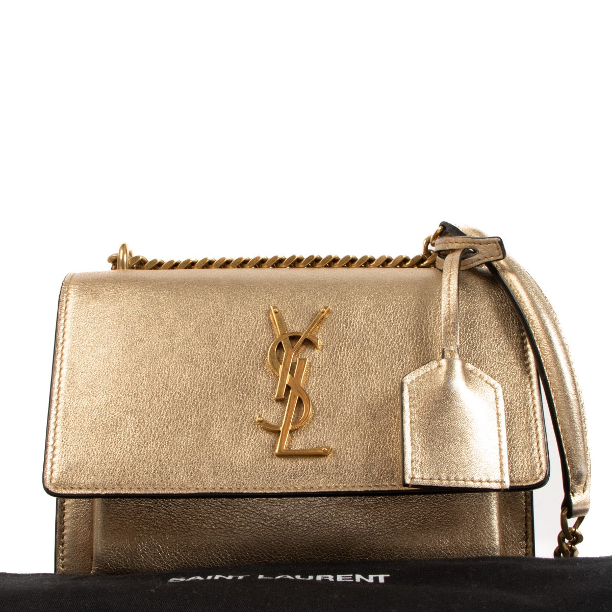 Shop safe online at Labellov in Antwerp, Brussels and Knokke this 100% authentic second hand Saint Laurent Gold Small Sunset Crossbody