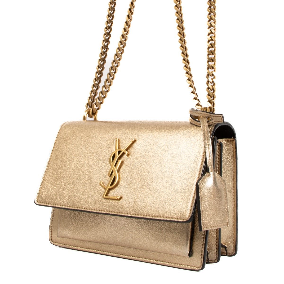 Shop safe online at Labellov in Antwerp, Brussels and Knokke this 100% authentic second hand Saint Laurent Gold Small Sunset Crossbody