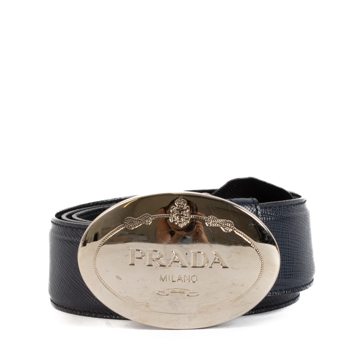 Prada Navy Saffiano Leather Logo Plaque Belt