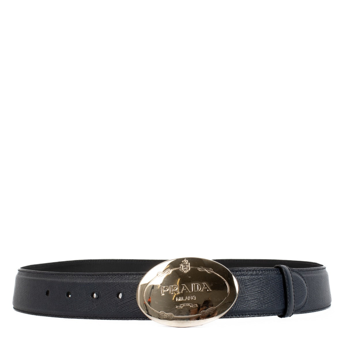 Prada Marineblauwe Saffiano Lederen Riem met Logoplaatje - Maat 80