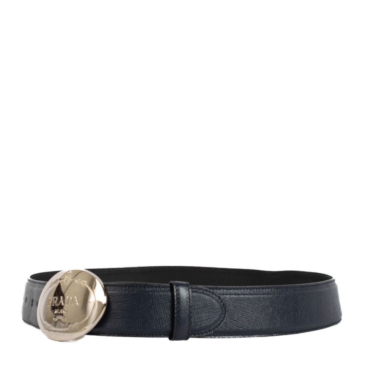 Prada Marineblauwe Saffiano Lederen Riem met Logoplaatje - Maat 80