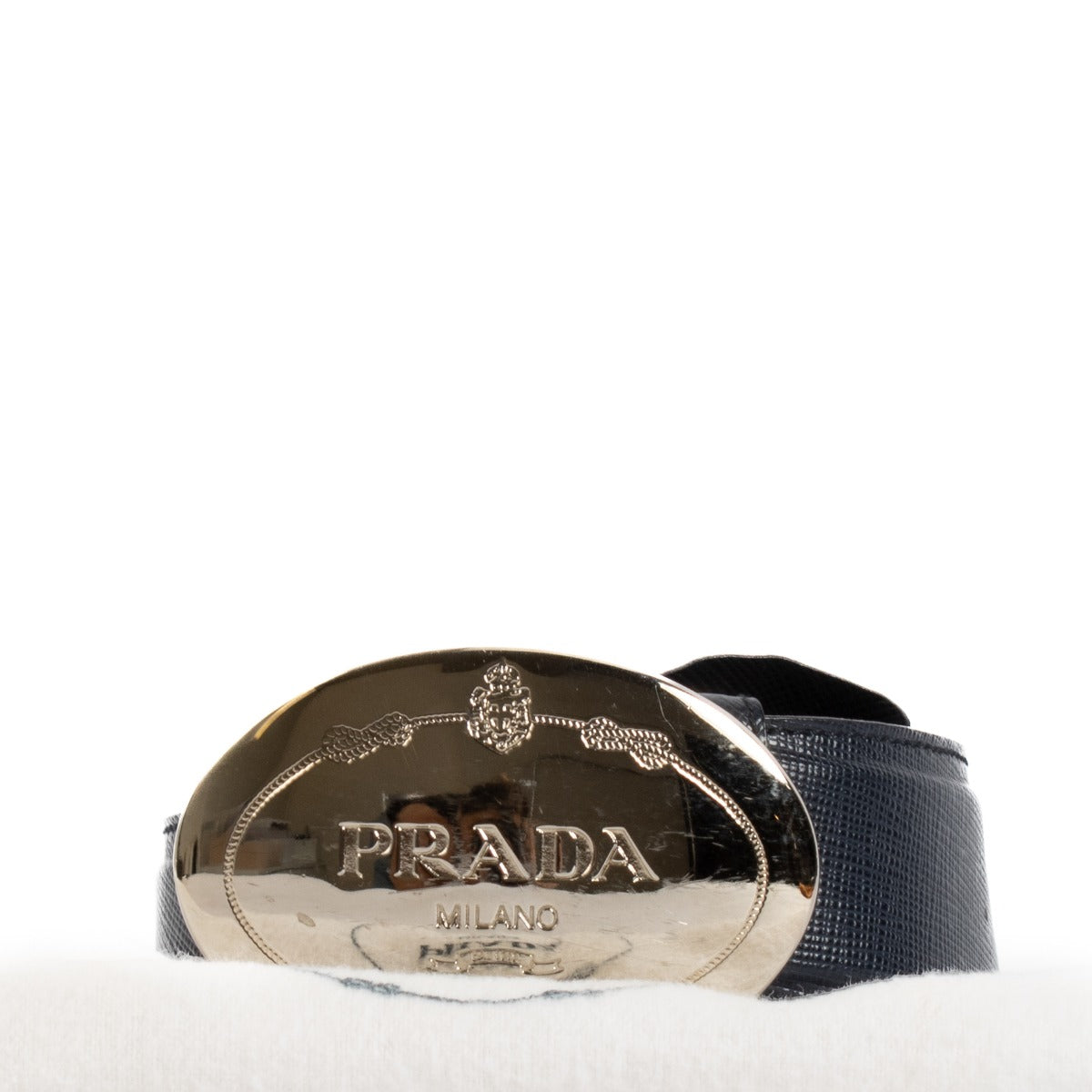 Prada Marineblauwe Saffiano Lederen Riem met Logoplaatje - Maat 80