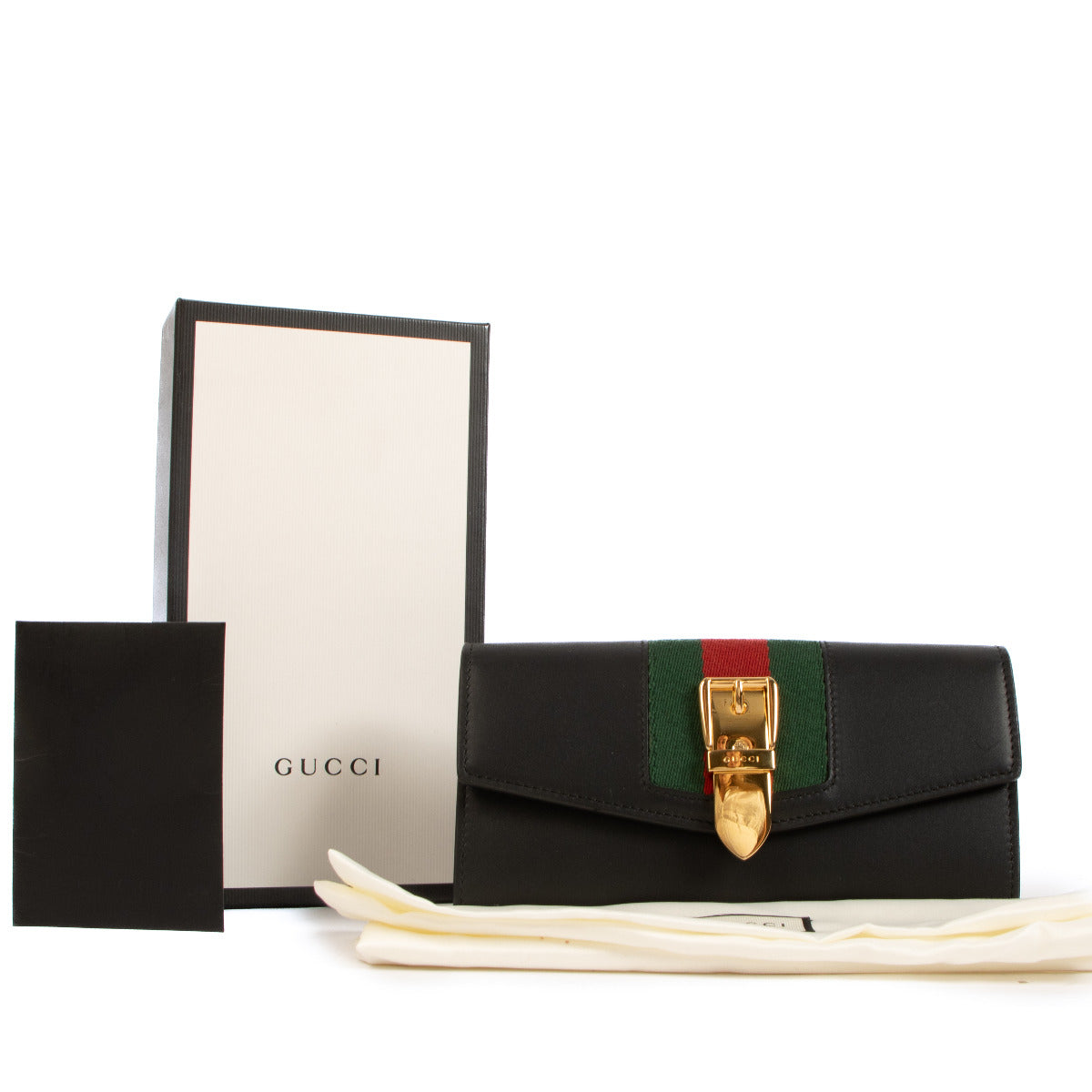 Gucci Black Leather Signature Web Sylvie Continental Wallet