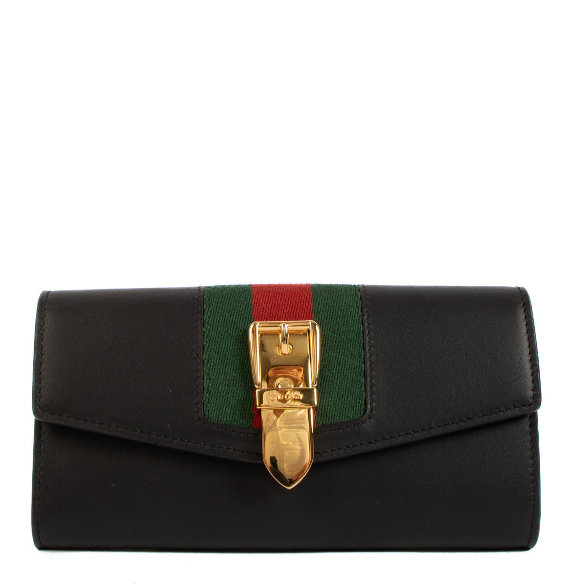 Gucci Black Leather Signature Web Sylvie Continental Wallet