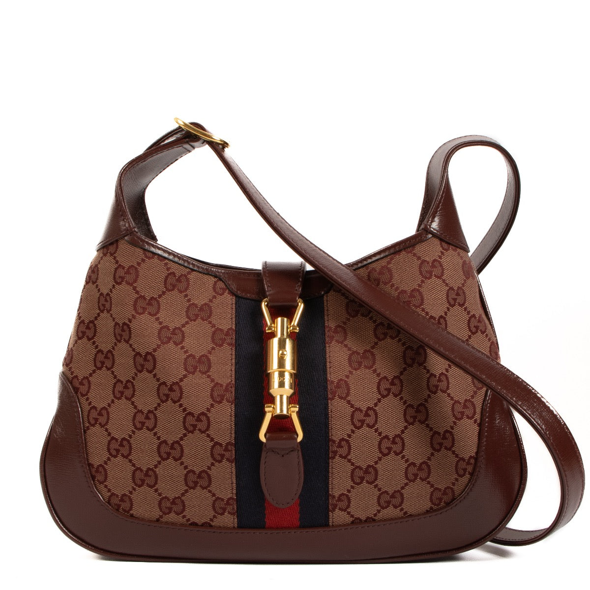 Shop safe online at Labellov in Antwerp, Brussels and Knokke this 100% authentic second hand Gucci Burgundy GG Supreme Canvas Small Jackie 1961