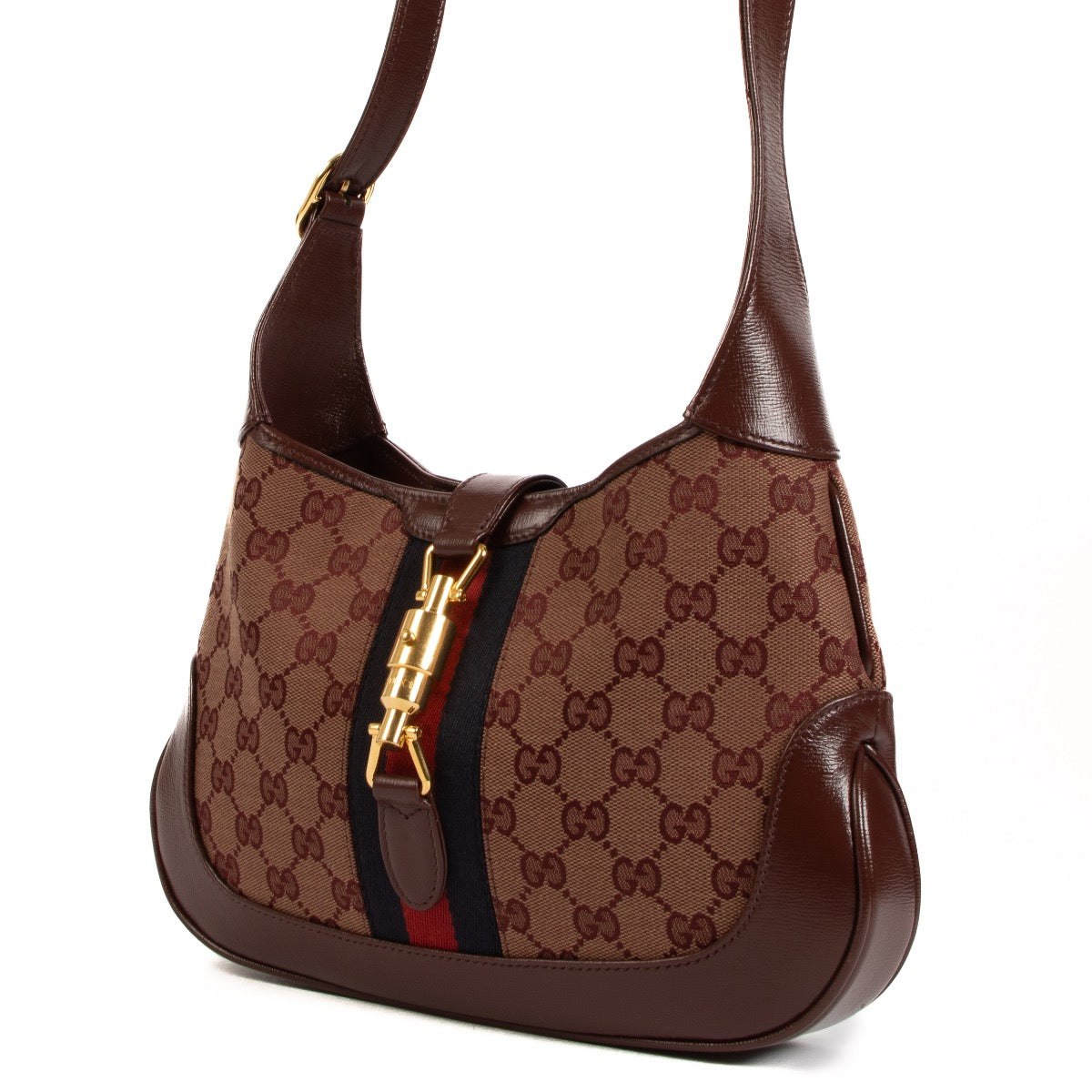 Shop safe online at Labellov in Antwerp, Brussels and Knokke this 100% authentic second hand Gucci Burgundy GG Supreme Canvas Small Jackie 1961