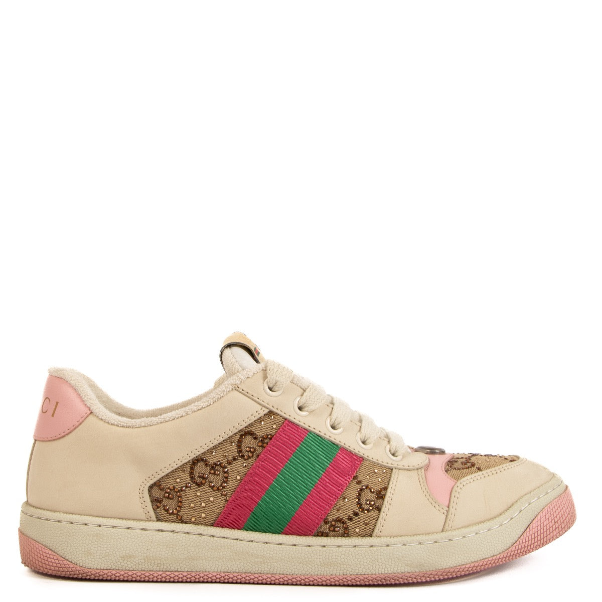 Shop safe online at Labellov in Antwerp, Brussels and Knokke these 100% authentic second hand Gucci Pink Crystal-embellished GG Screener Sneakers - size 38