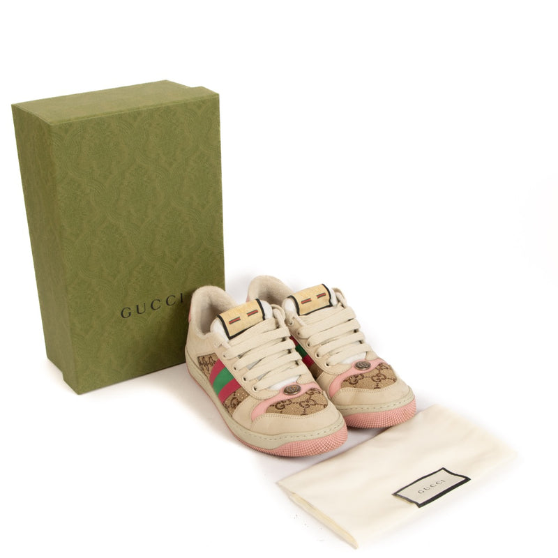Shop safe online at Labellov in Antwerp, Brussels and Knokke these 100% authentic second hand Gucci Pink Crystal-embellished GG Screener Sneakers - size 38