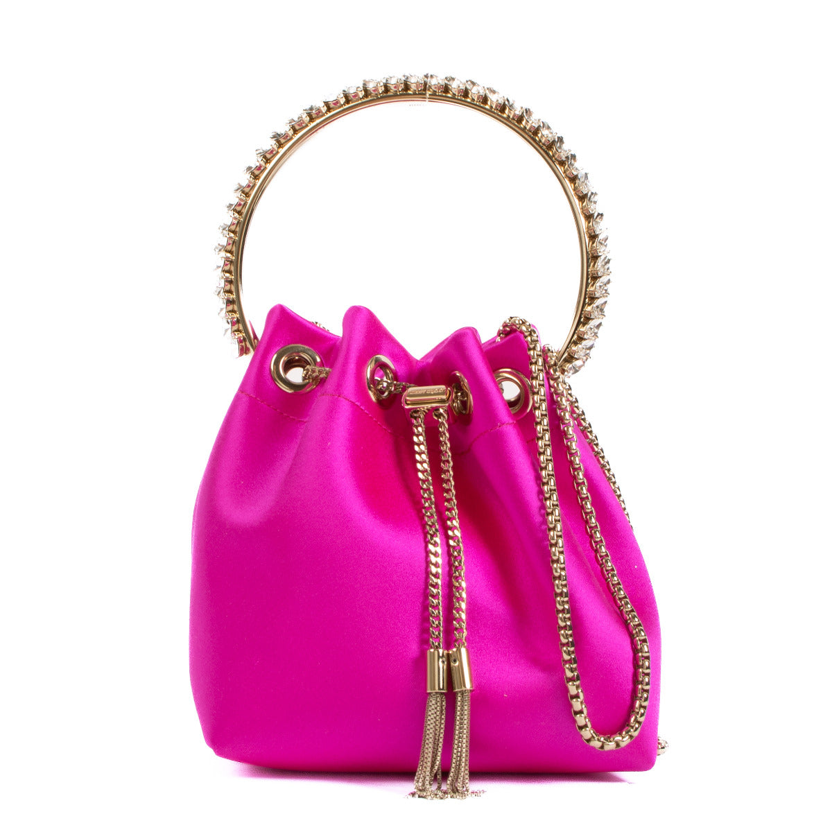 Sac Bon Bon Mini Jimmy Choo en satin rose avec poignée en cristal