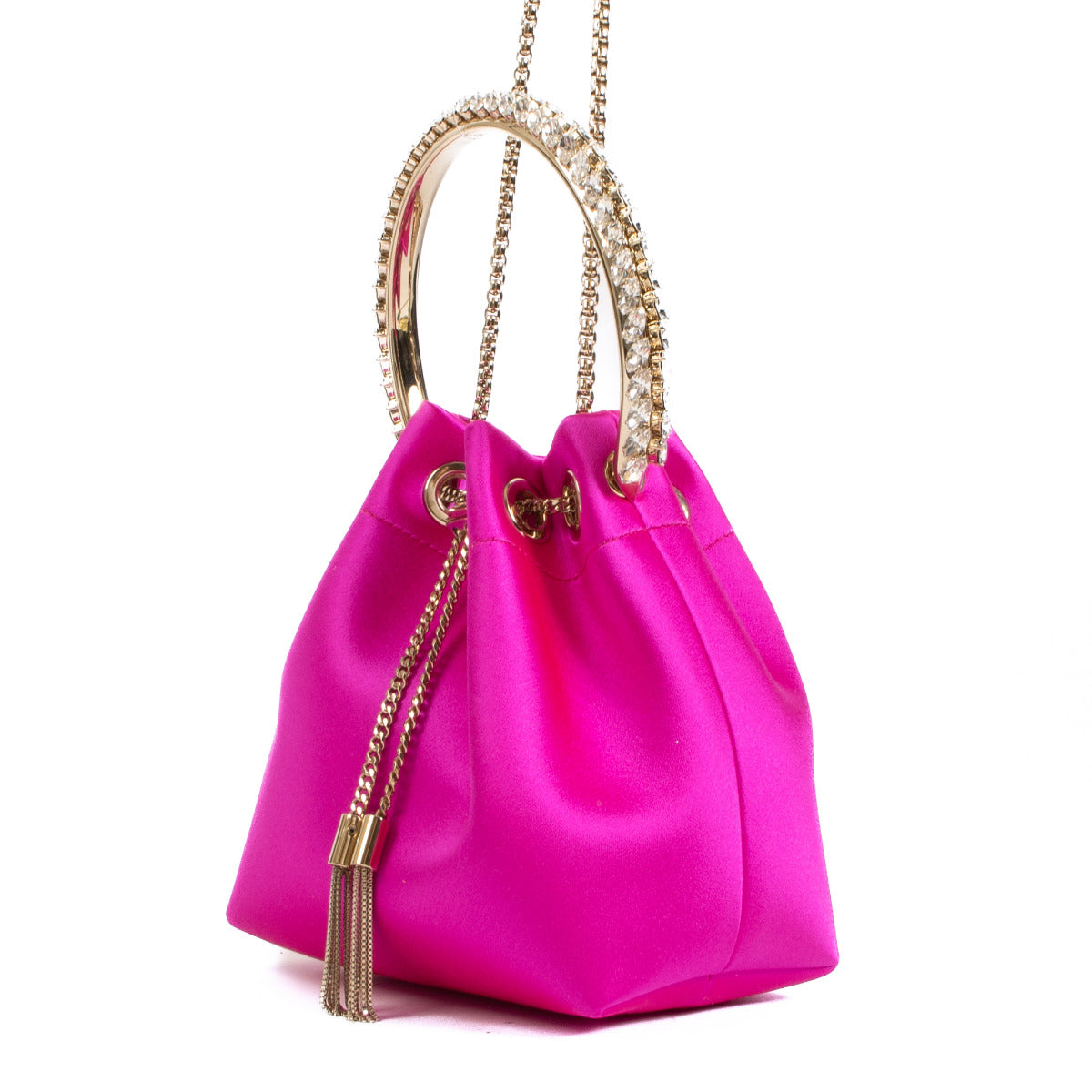 Sac Bon Bon Mini Jimmy Choo en satin rose avec poignée en cristal