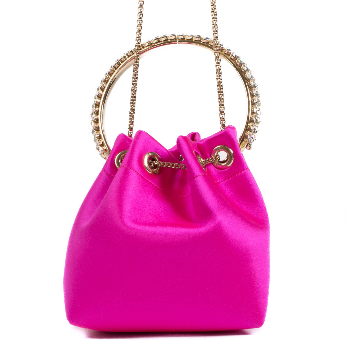 Sac Bon Bon Mini Jimmy Choo en satin rose avec poignée en cristal