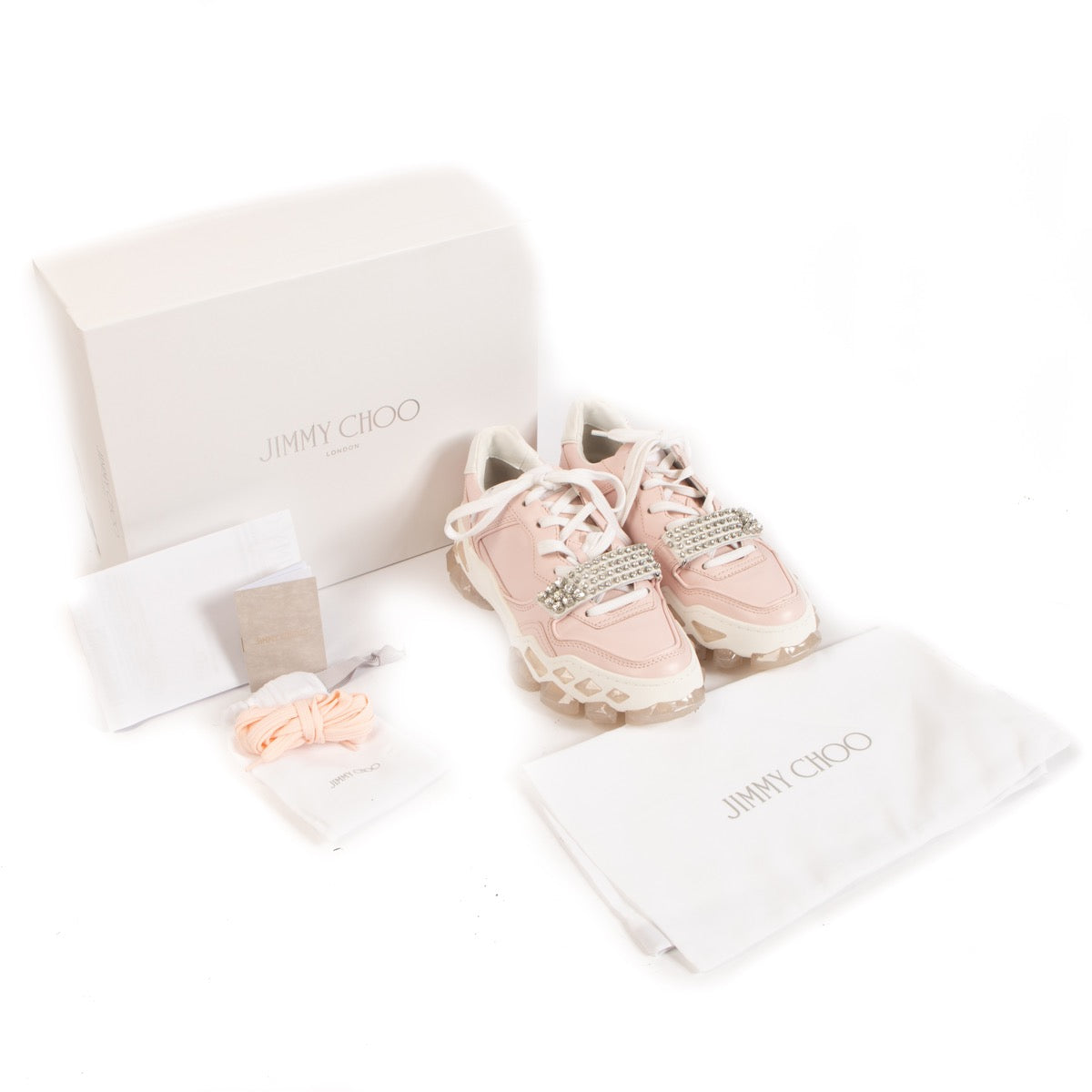 Shop safe online at Labellov in Antwerp, Brussels and Knokke these 100% authentic second hand Jimmy Choo Powder Pink Crystal Strap Sneakers - size 38 1/2